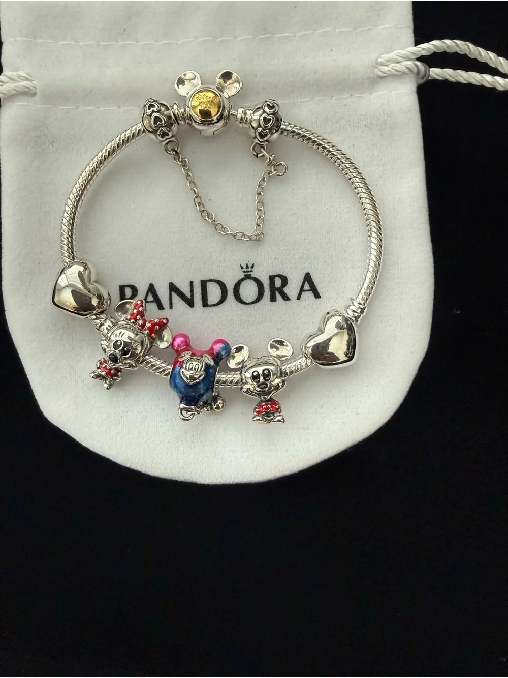 Pandora Disney Mickey Minnie Charm Bracelet Hearts Safety Chain 6.25”
